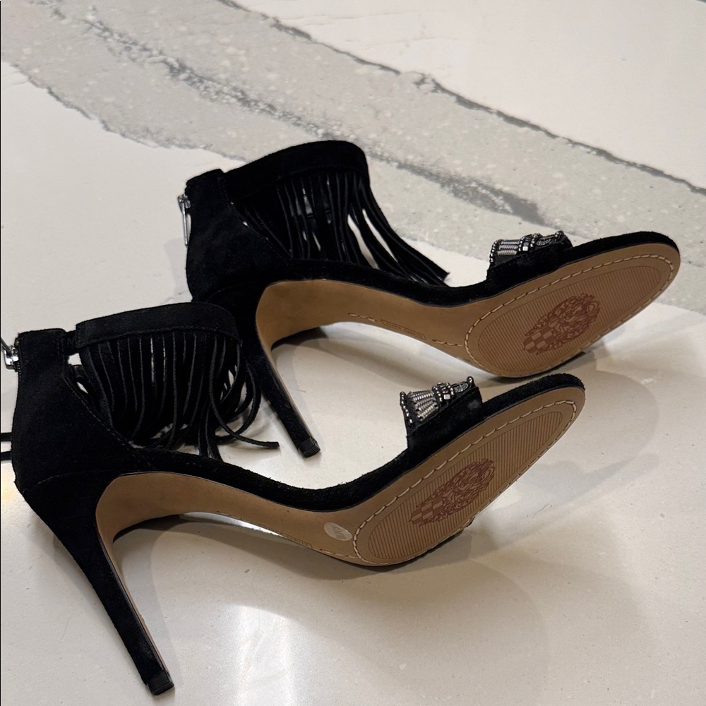 Vince Camuto Black Fringe Heels with Silver Accents Size 8.5 3” Heel - Picture 6 of 7